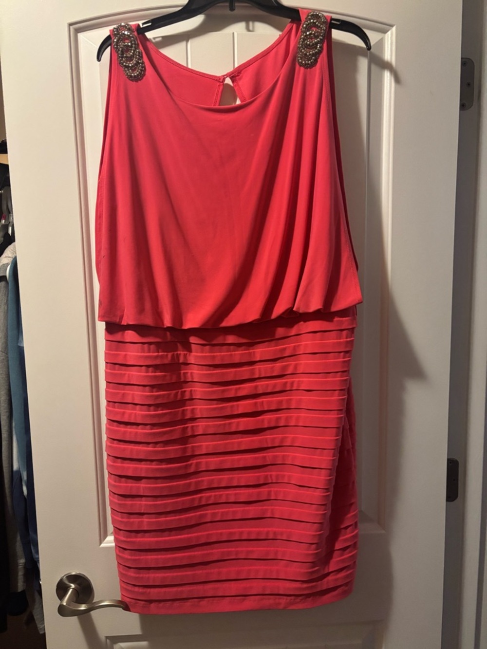 Coral Beaded-Shoulder Layered Mini Dress